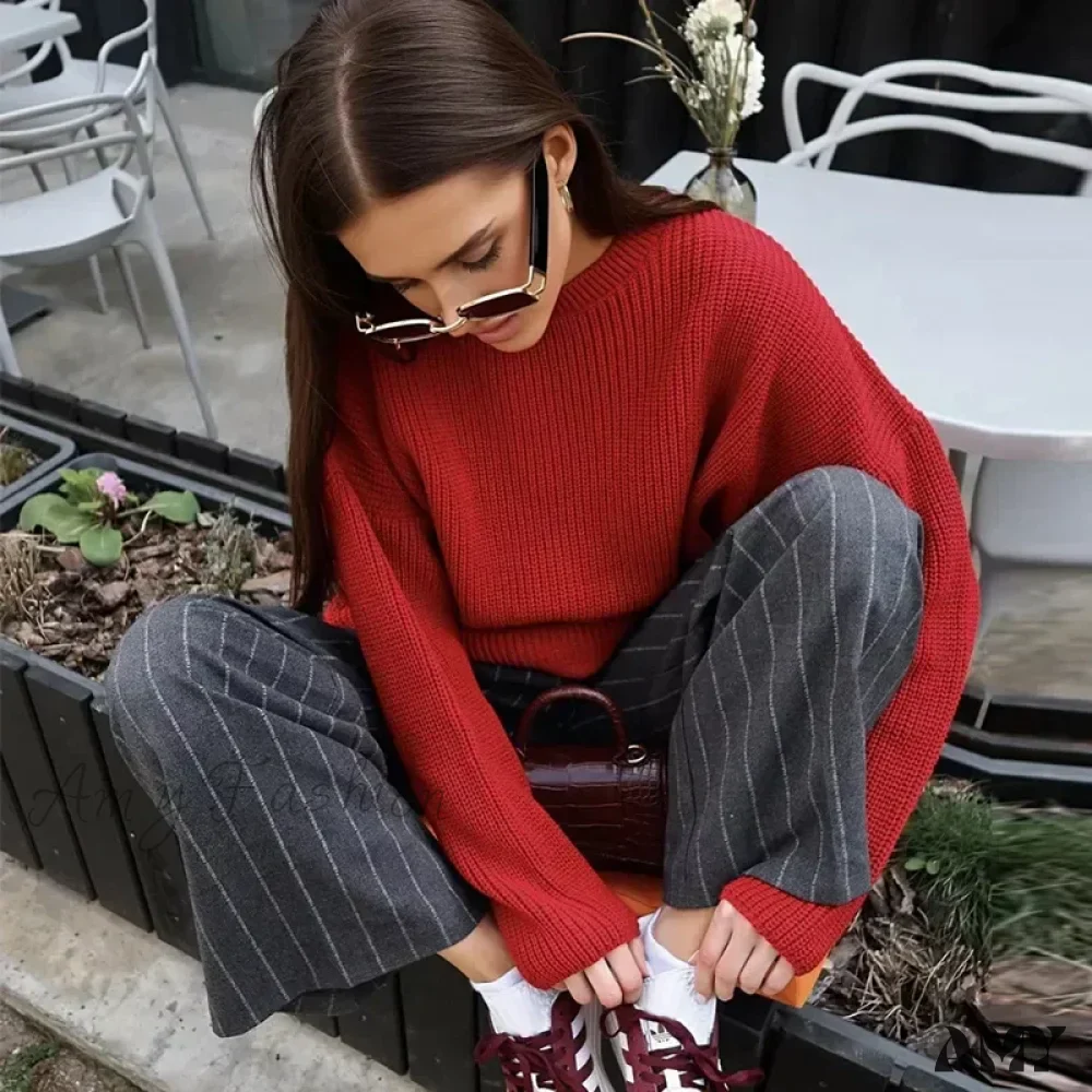 Casual Knitted Women Solid V-neck Long Sleeve Pullover Sweater - Image 9