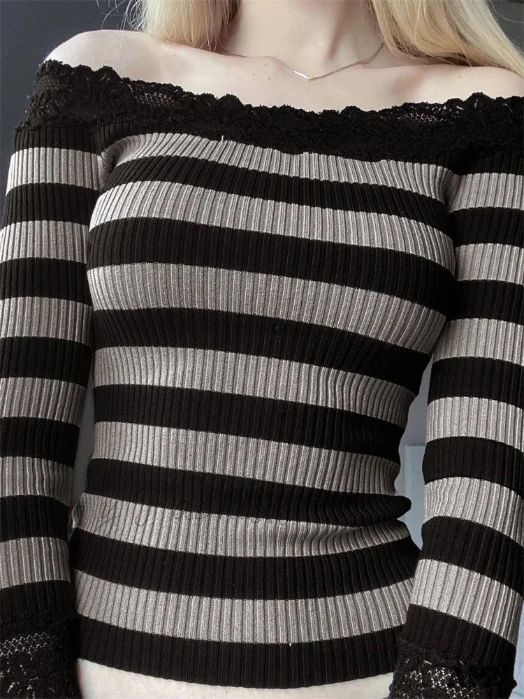 Amy Fashion - Casual Long Sleeve Retro Striped Off-Shoulder T-Shirts - Image 2