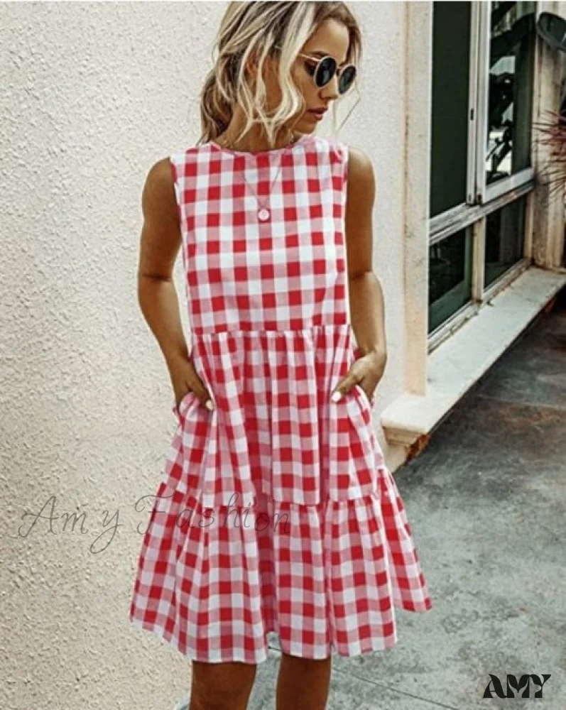 Amy Fashion - Casual Loose Plaid Print Ruffled Midi Dress - Image 3
