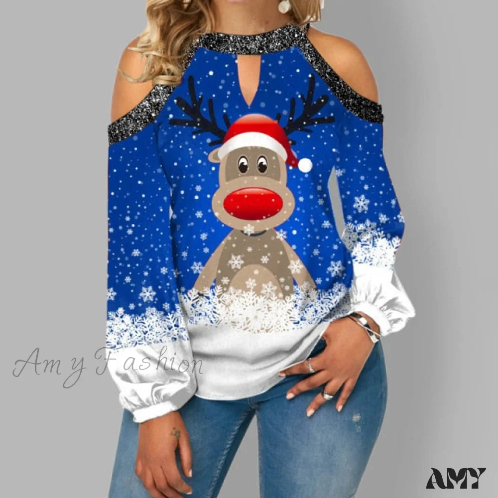 Amy Fashion - Christmas Casual Off Shoulder Printed Cute Top - Image 2