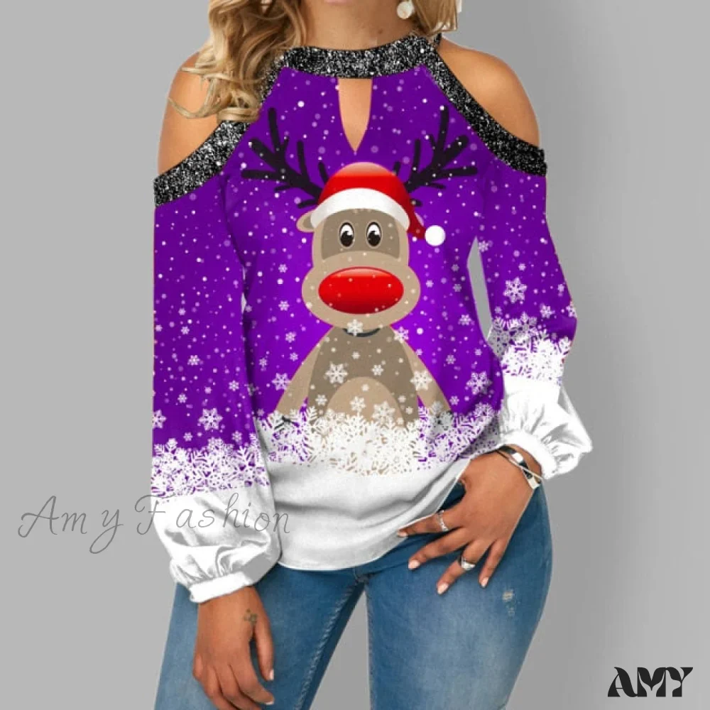 Amy Fashion - Christmas Casual Off Shoulder Printed Cute Top - Image 5