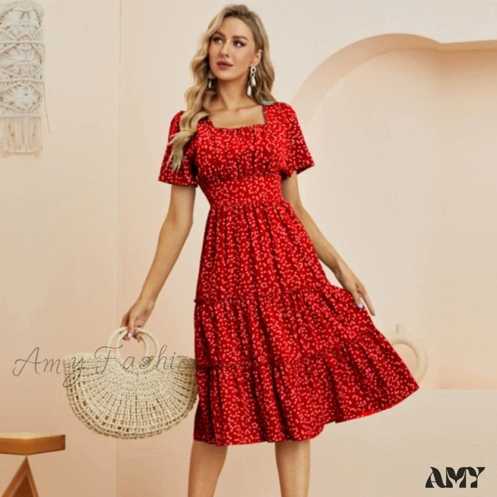 Amy Fashion - Casual Short Sleeve Square Collar Ruffles Chiffon Dress - Image 5