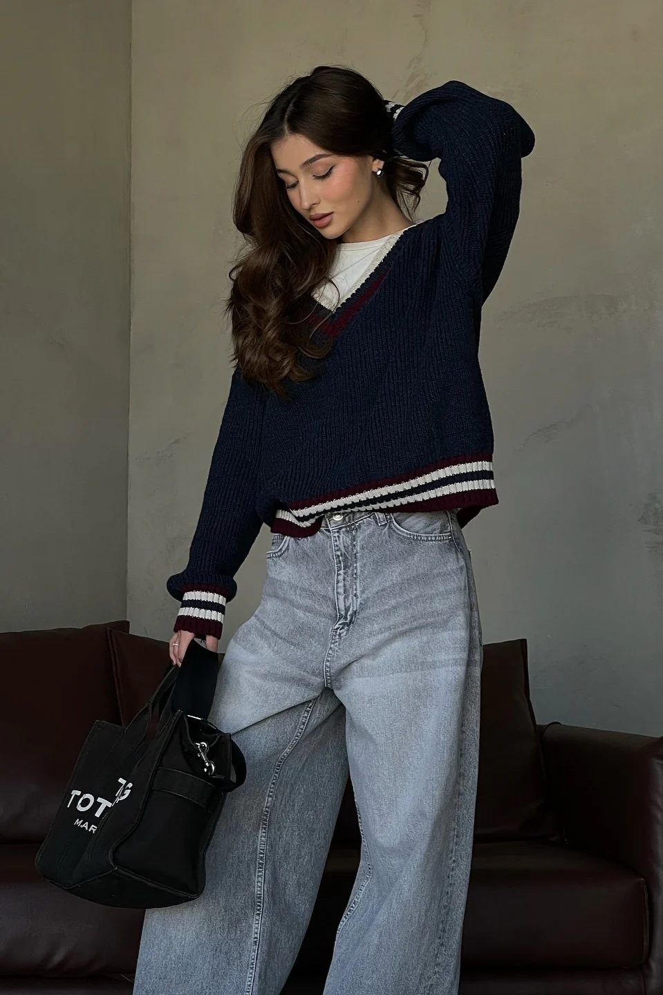 Casual Striped Color Block V-Neck Loose Knit Sweater - Image 2