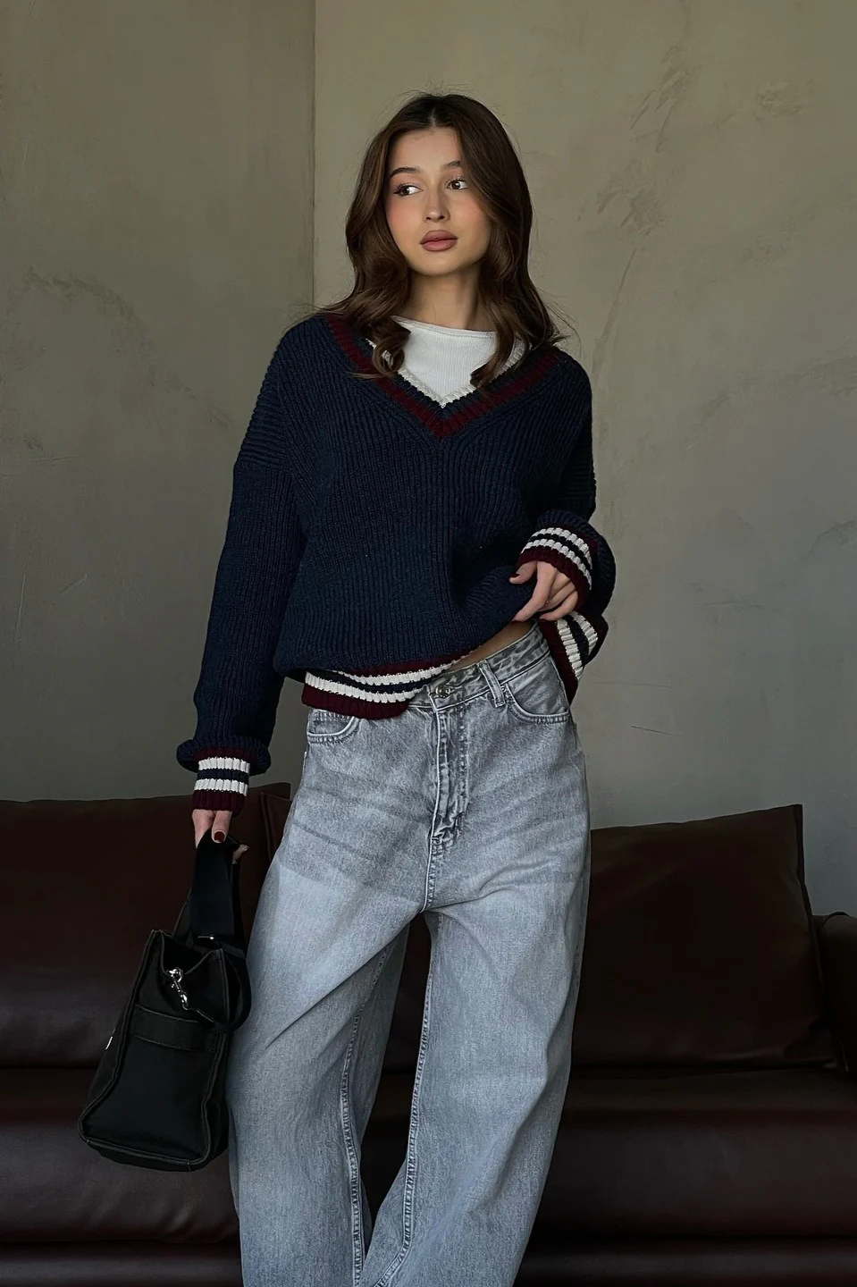 Casual Striped Color Block V-Neck Loose Knit Sweater - Image 3