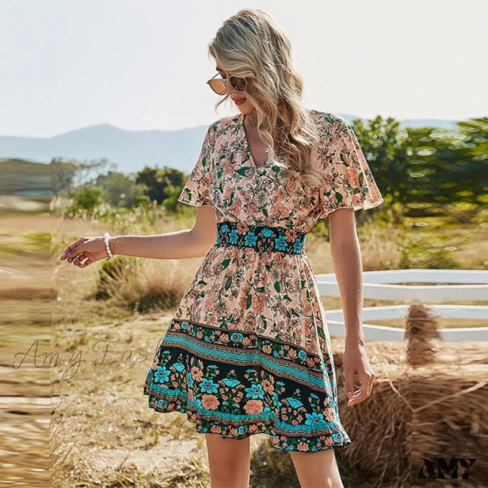 Amy Fashion - Casual V Neck High Waist Short Sleeve Print Dress - Image 2