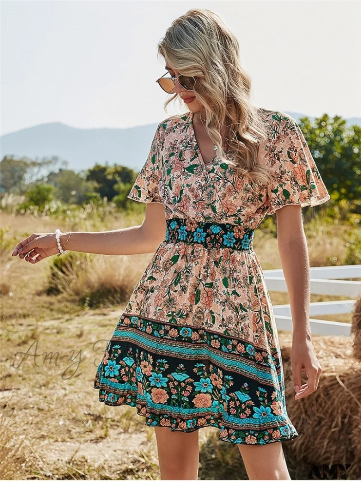Amy Fashion - Casual V Neck High Waist Short Sleeve Print Dress - Image 3