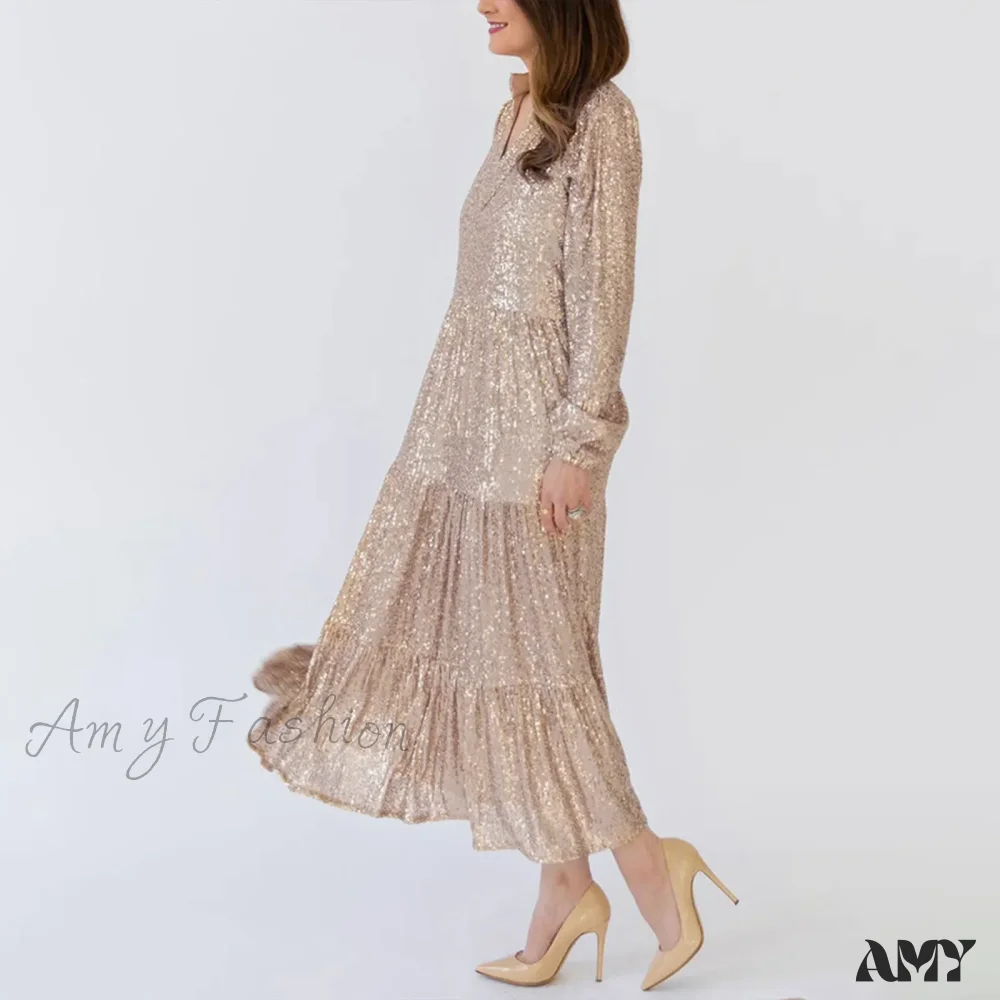 Champagne Sequin Loose V-Neck Long Sleeve Pleated Midi Elegant A-Line Banquet Party Dress - Image 3