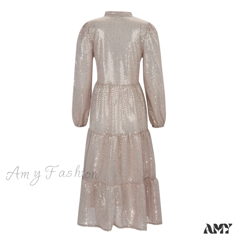 Champagne Sequin Loose V-Neck Long Sleeve Pleated Midi Elegant A-Line Banquet Party Dress - Image 4