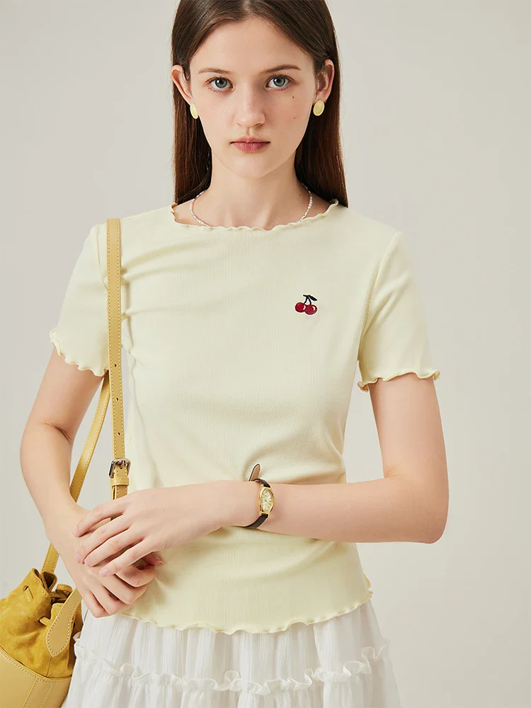 Cherry Embroidery Ruffled Knit T-shirt - Image 2