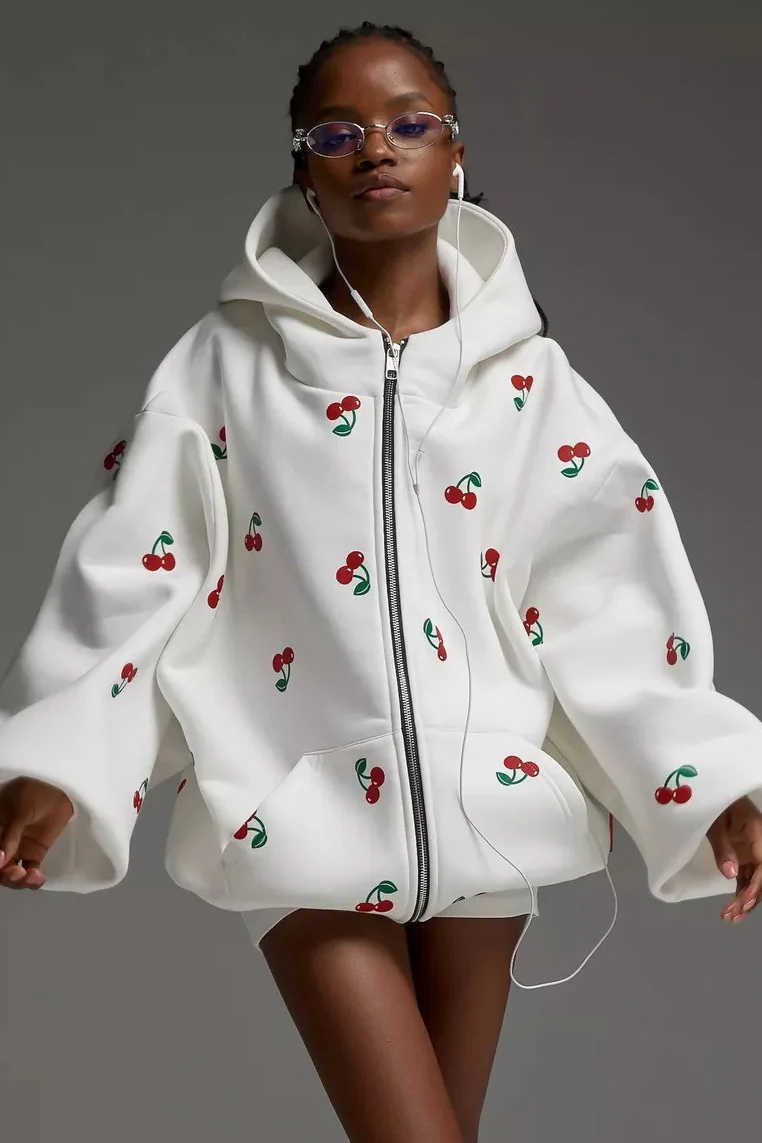 Cherry Print Loose Street Fashion Hoodie - Image 6