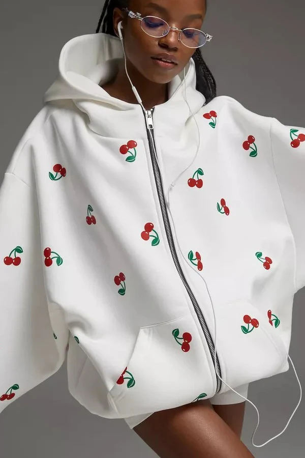 Cherry Print Loose Street Fashion Hoodie - Image 8