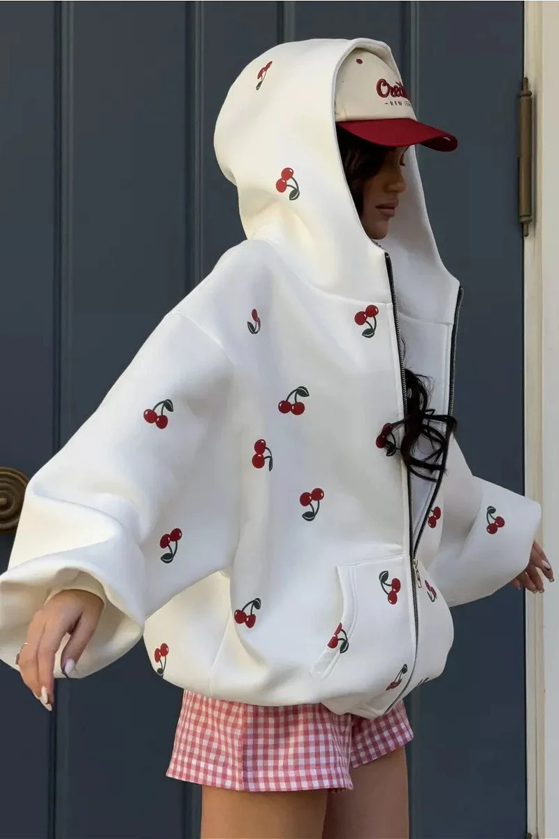 Cherry Print Loose Street Fashion Hoodie - Image 9