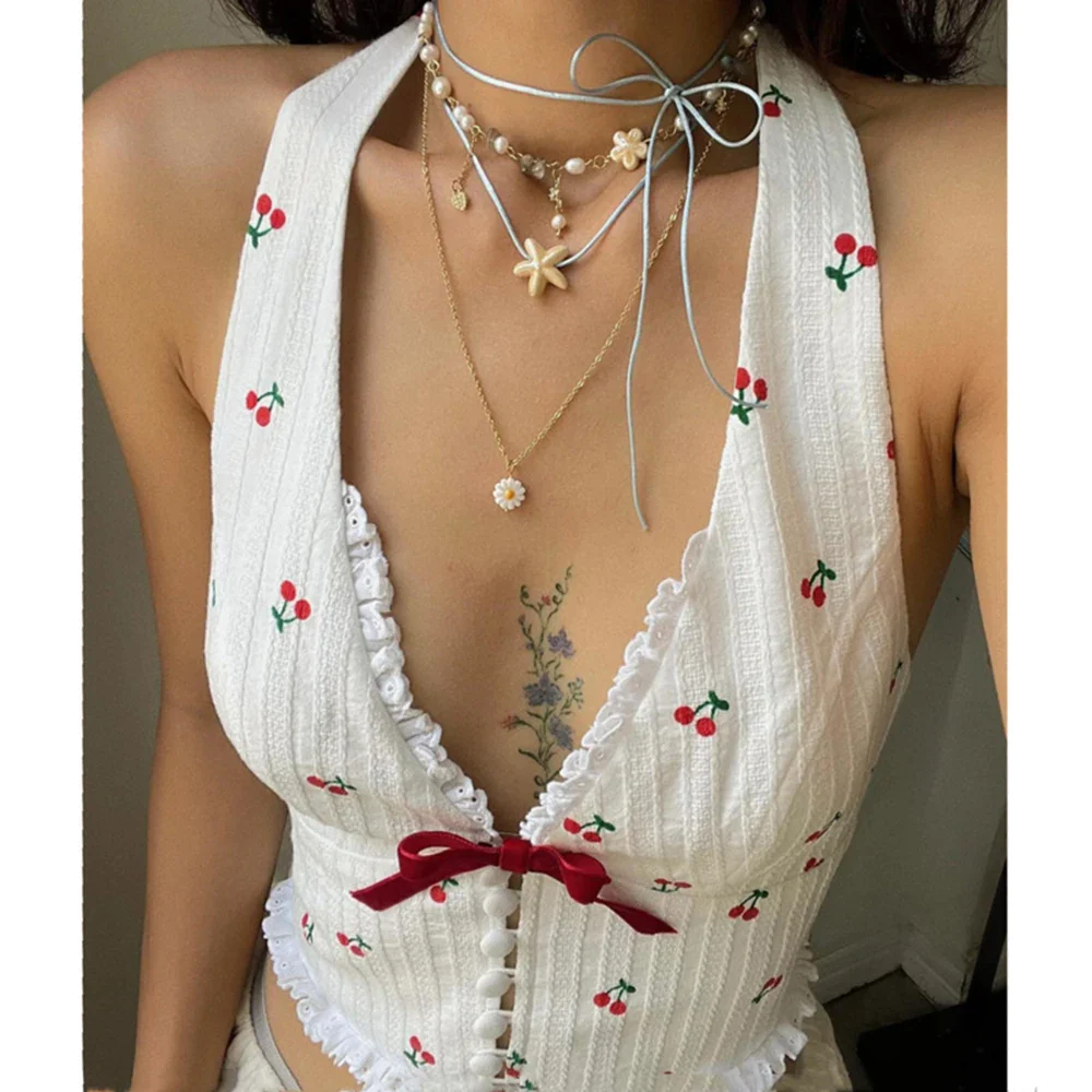 Cherry Print V-Neck Crop Top - Image 4