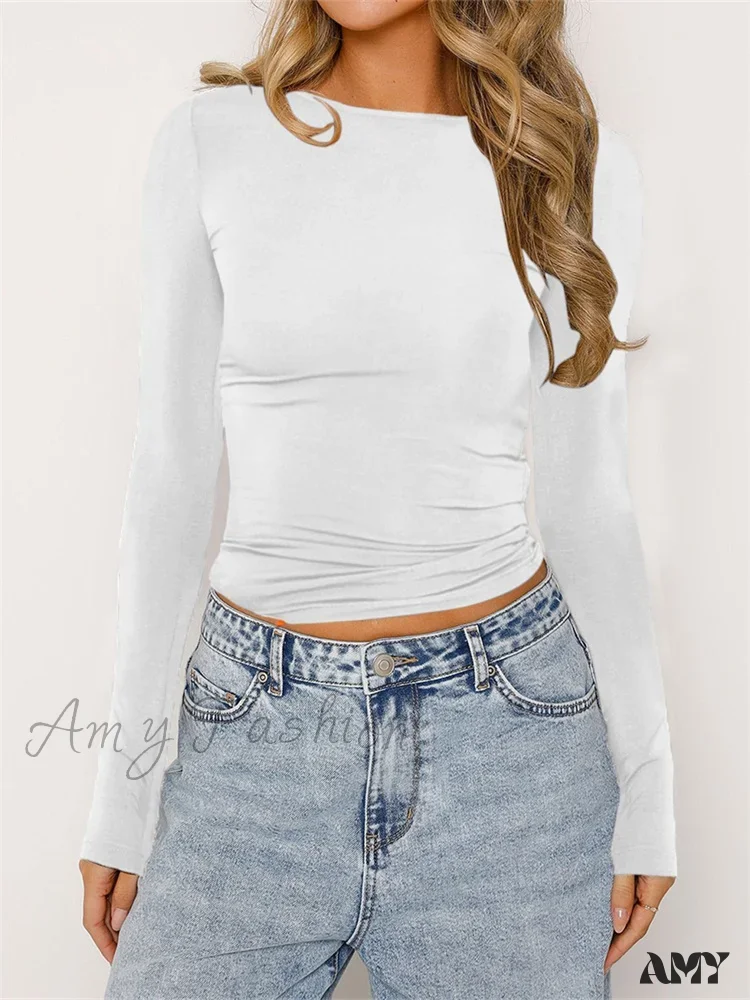 Amy Fashion - Chic Ruched Short Sleeve Solid Color Crop Tops Slim Fit T-shirts - Image 7