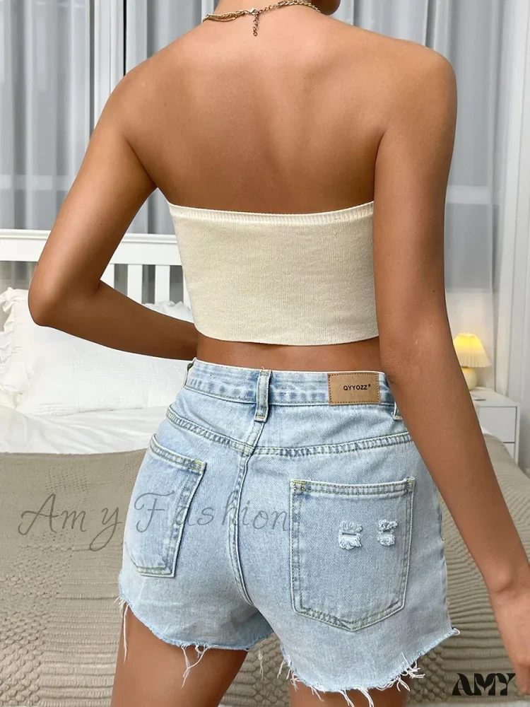 Chic Sexy Knitting Strapless Backless Hem Summer Slim Solid Crop Top - Image 5