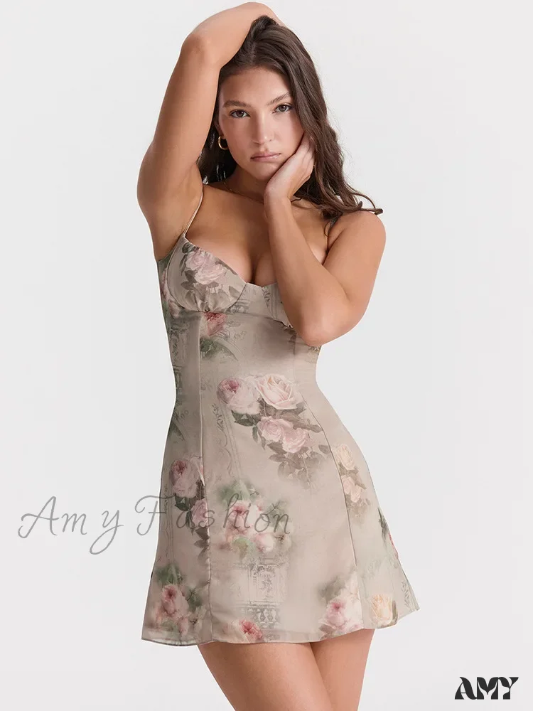 Amy Fashion - Chiffon Floral Print Spaghetti Strap Backless Boho Dress - Image 2
