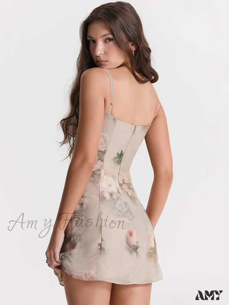 Amy Fashion - Chiffon Floral Print Spaghetti Strap Backless Boho Dress - Image 3