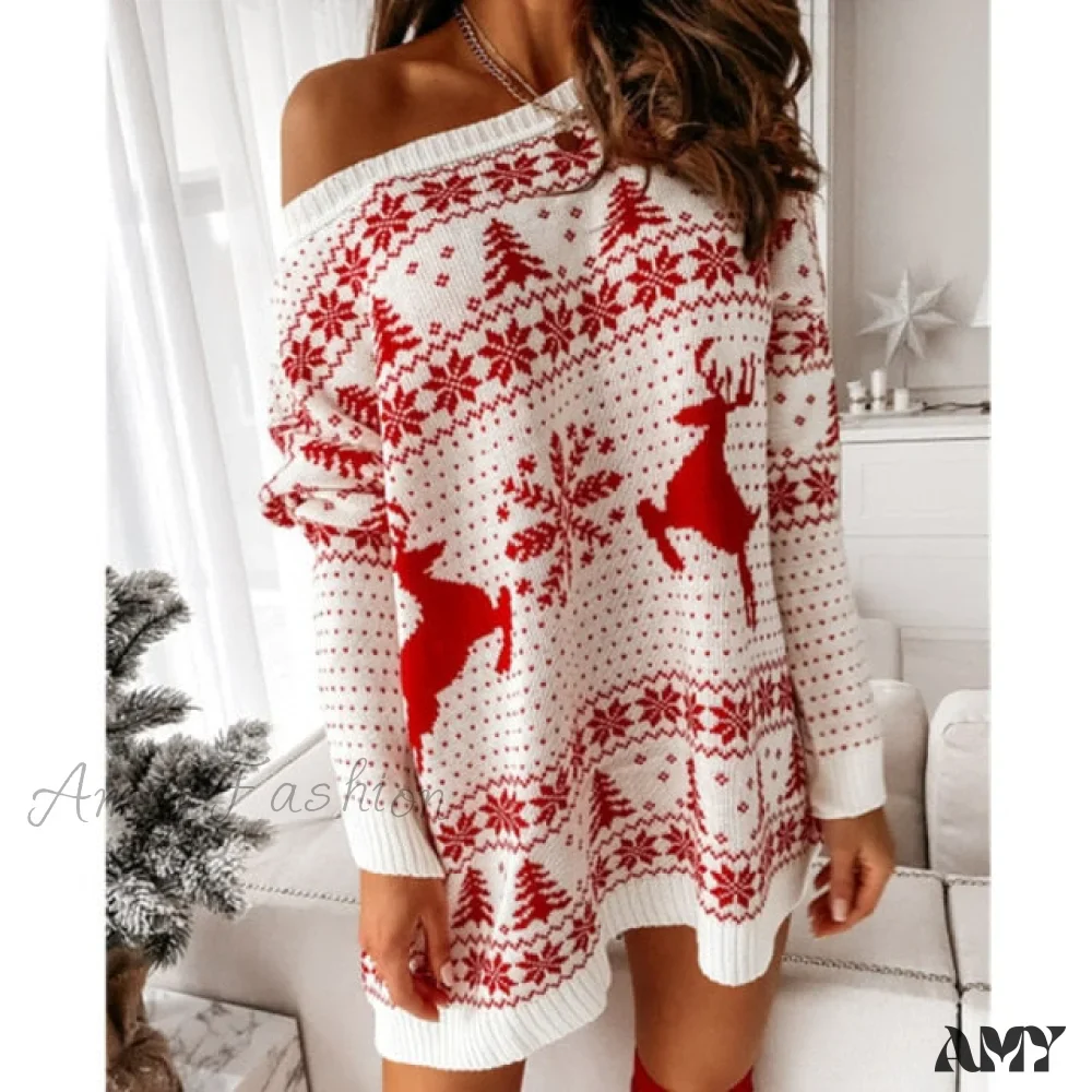 Amy Fashion - Christmas Snowflake Fawn Print Sweater Dress - Image 3