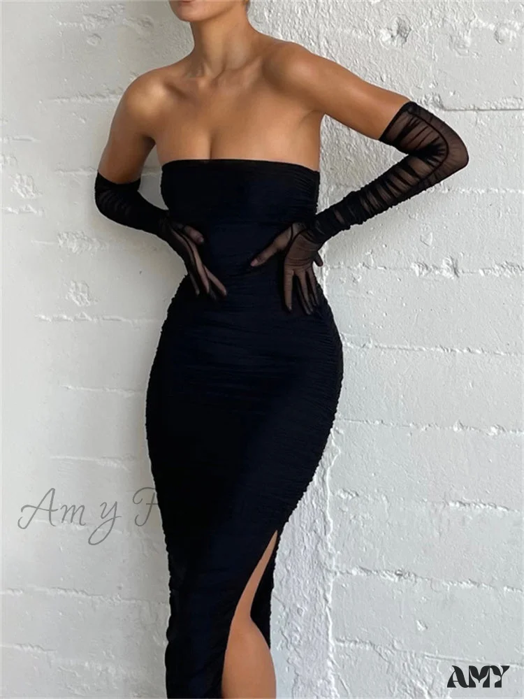 Amy Fashion - Ruched Strapless Off Shoulder Long Party High Split Dress