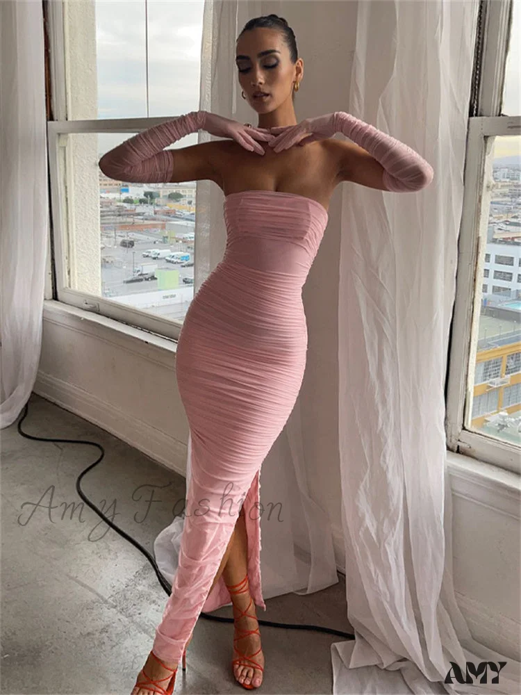 Amy Fashion - Ruched Strapless Off Shoulder Long Party High Split Dress - Image 2