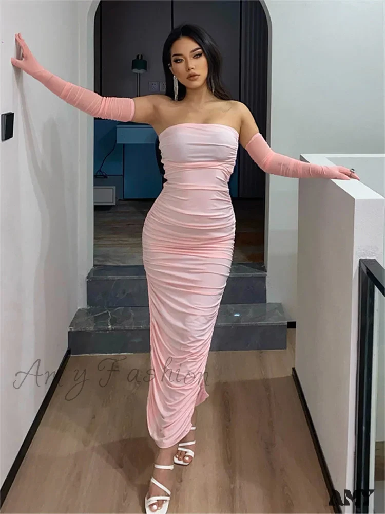 Amy Fashion - Ruched Strapless Off Shoulder Long Party High Split Dress - Image 3