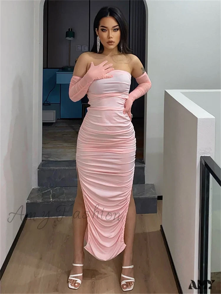 Amy Fashion - Ruched Strapless Off Shoulder Long Party High Split Dress - Image 4