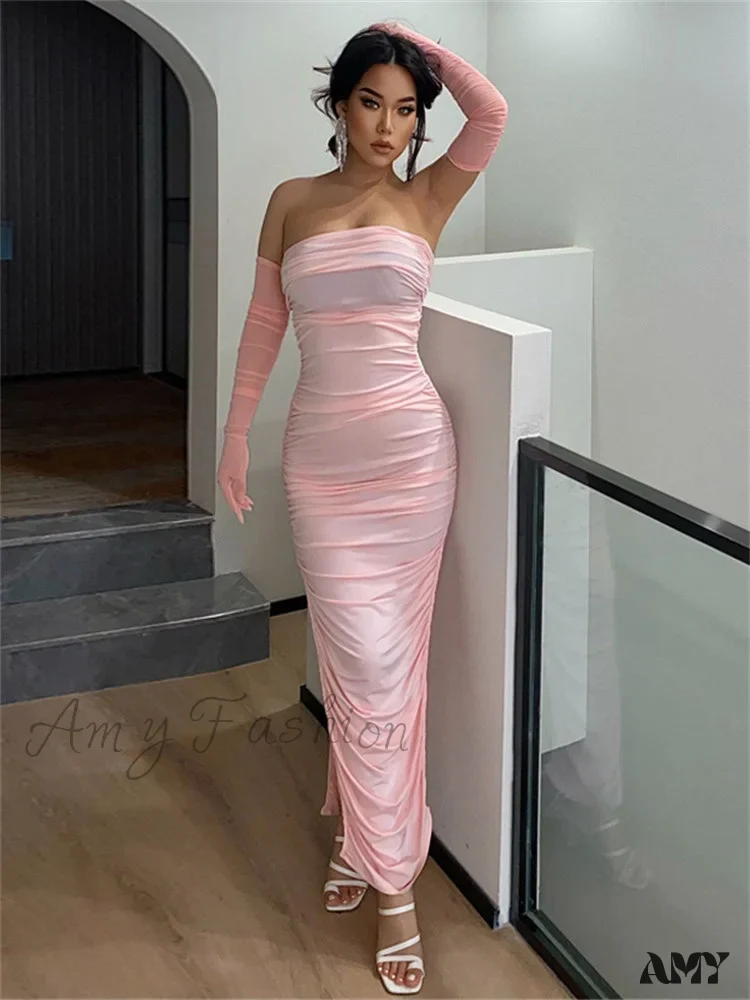 Amy Fashion - Ruched Strapless Off Shoulder Long Party High Split Dress - Image 7