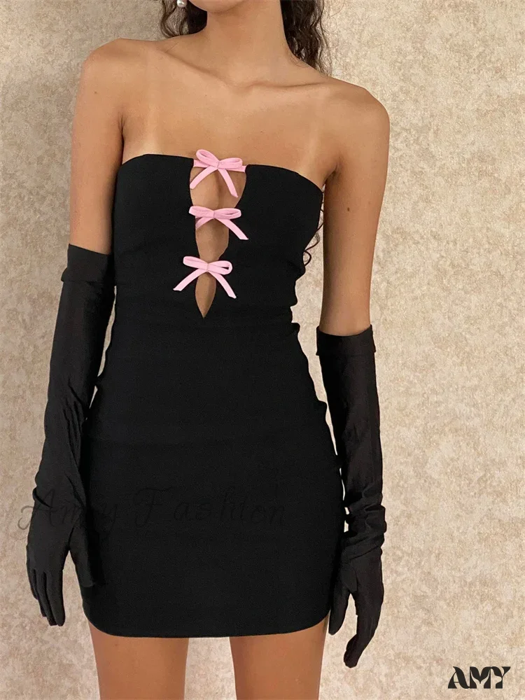 Amy Fashion - Sexy Strapless Off Shoulder Casual Bow Patchwork Cutout Mini Dress - Image 6