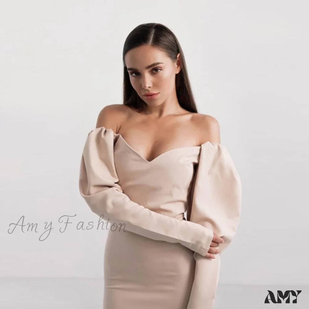 Amy Fashion - Churses Sexy Puff Sleeve Off The Shoulder Bodycon Dress - Image 3