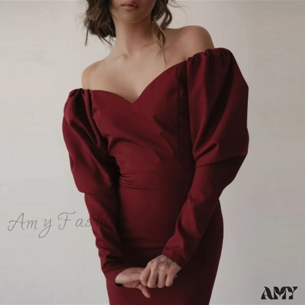 Amy Fashion - Churses Sexy Puff Sleeve Off The Shoulder Bodycon Dress - Image 4