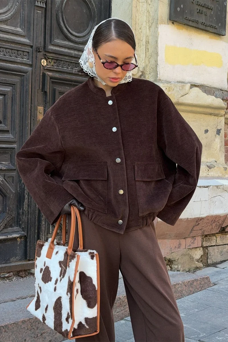 Coffee Corduroy Stand-Collar Loose Jacket