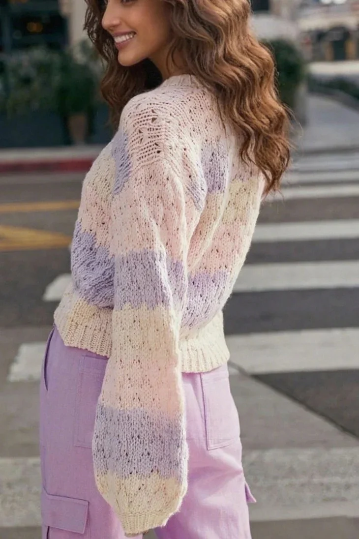 Contrast Color V Neck Long Sleeve Loose Cardigan - Image 3