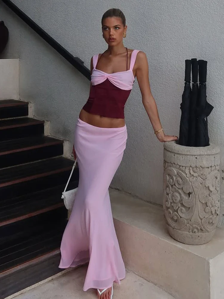 Contrast Suspender Long Skirt Two Piece Set