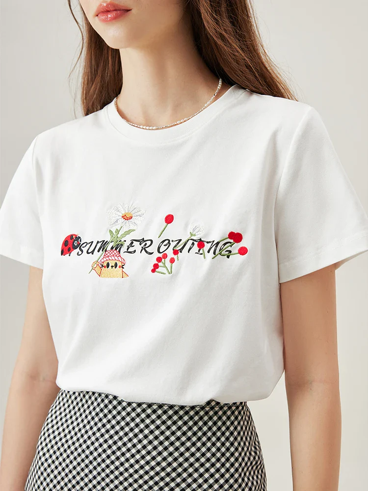 Cotton Letter Embroidery White T-shirt - Image 3