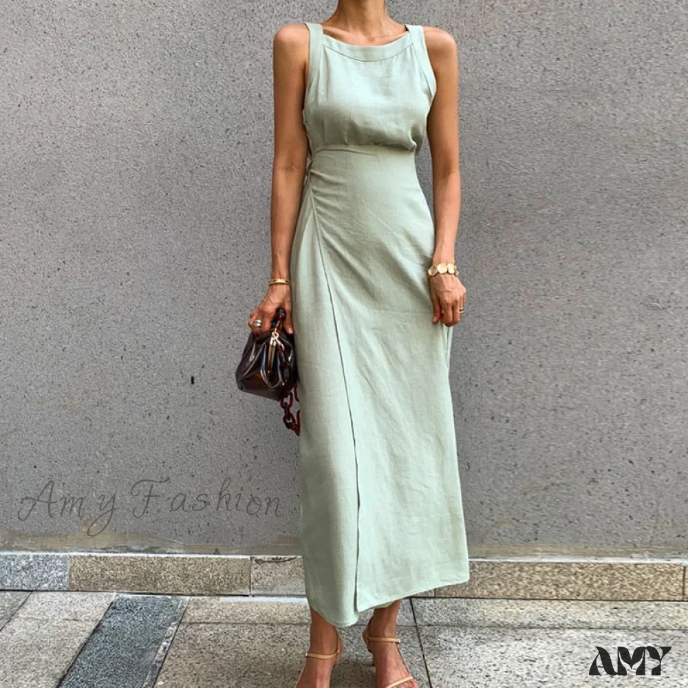 Amy Fashion - Cotton Linen Lace Up Sashes Sleeveless Beach Dresses