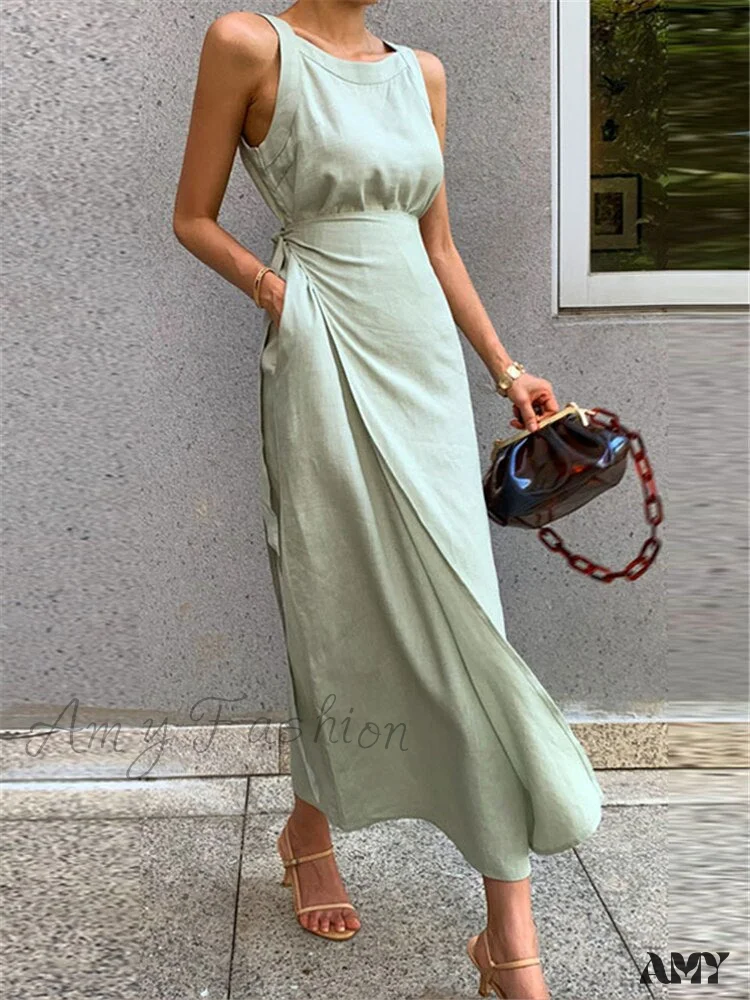 Amy Fashion - Cotton Linen Lace Up Sashes Sleeveless Beach Dresses - Image 2