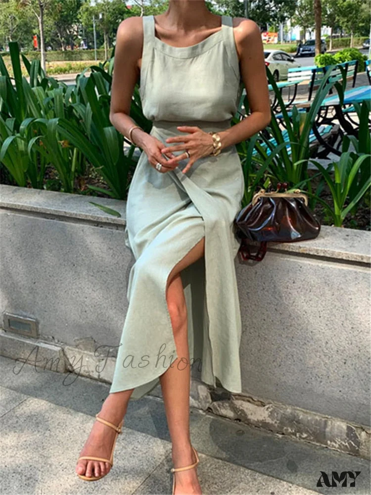 Amy Fashion - Cotton Linen Lace Up Sashes Sleeveless Beach Dresses - Image 4