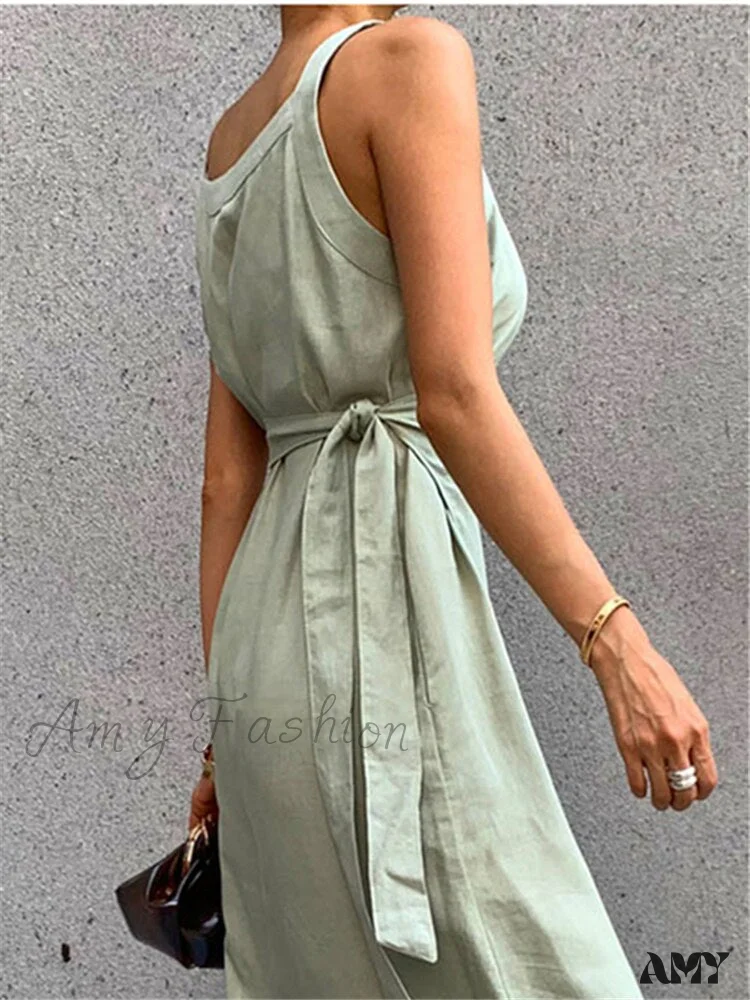 Amy Fashion - Cotton Linen Lace Up Sashes Sleeveless Beach Dresses - Image 5