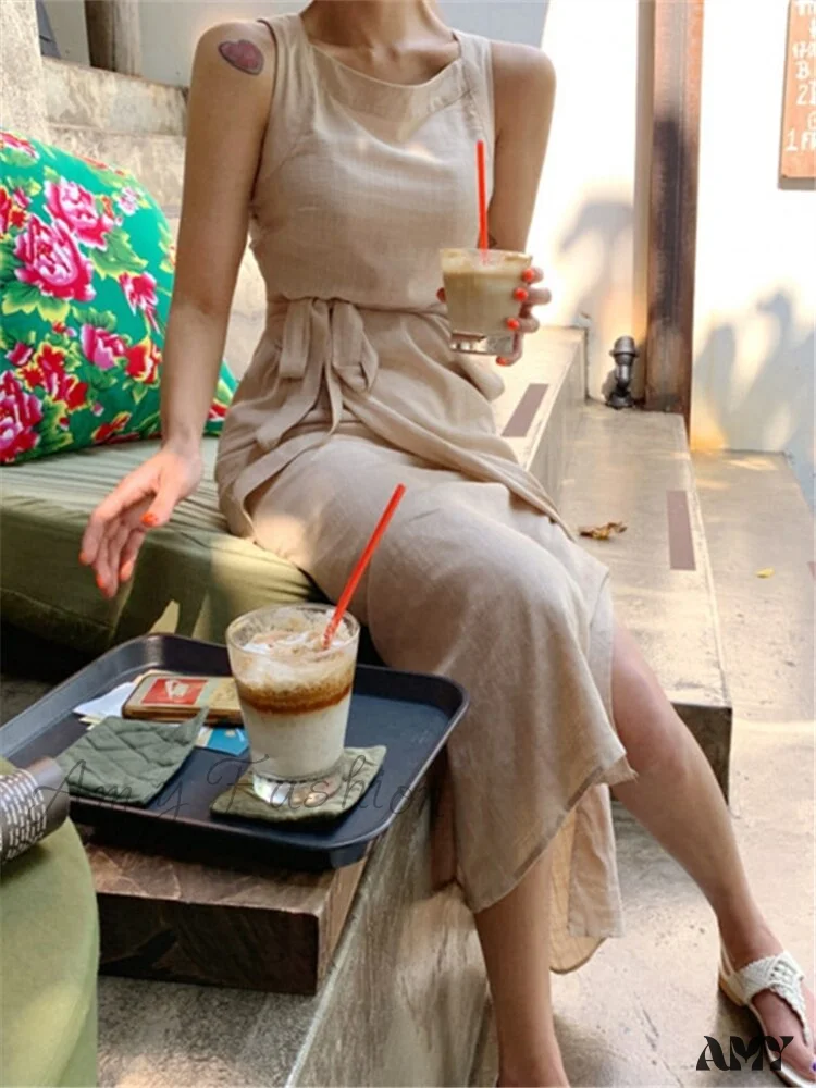 Amy Fashion - Cotton Linen Lace Up Sashes Sleeveless Beach Dresses - Image 7