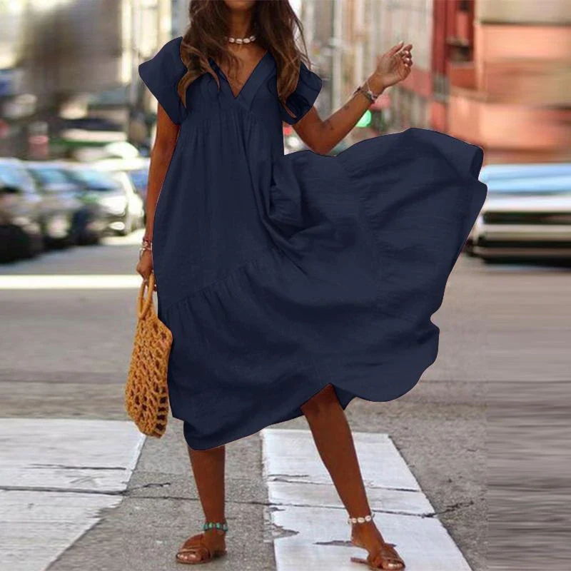 Cotton Linen Oversize Loose V-neck Boho Dress - Image 8