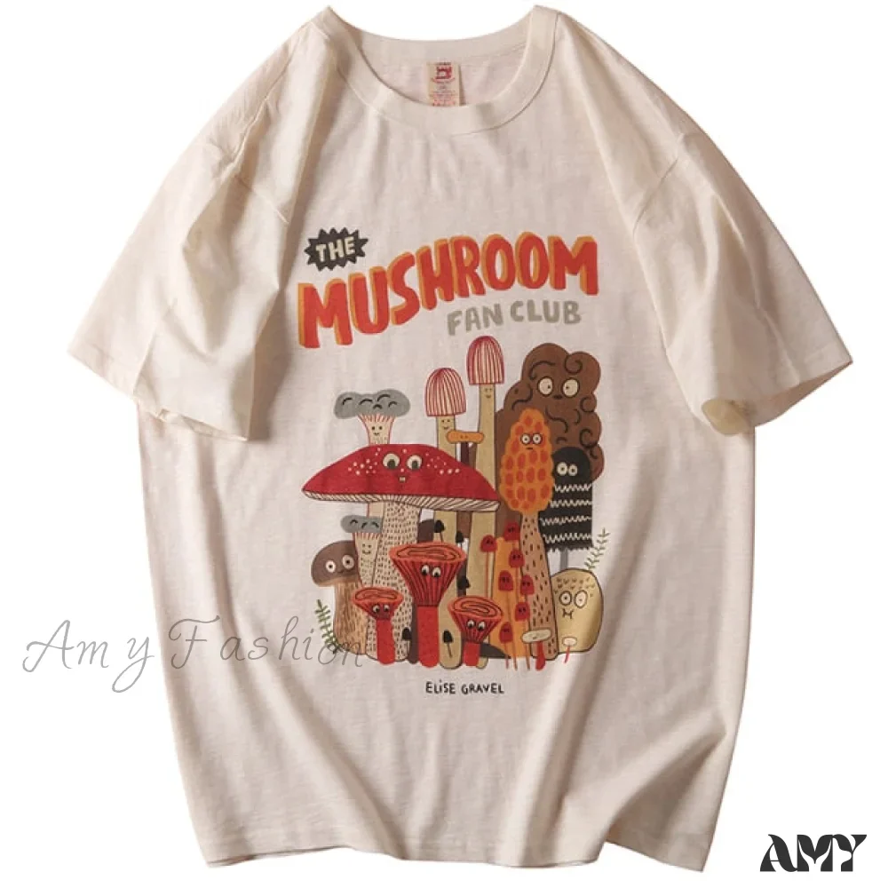 Amy Fashion - Cotton Material Retro Apricot Mushroom Cute T Shirts - Image 4