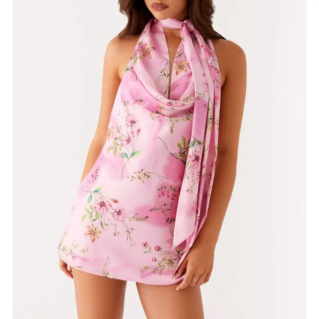 Cowl V-Neck A-line Floral Dress - Image 4
