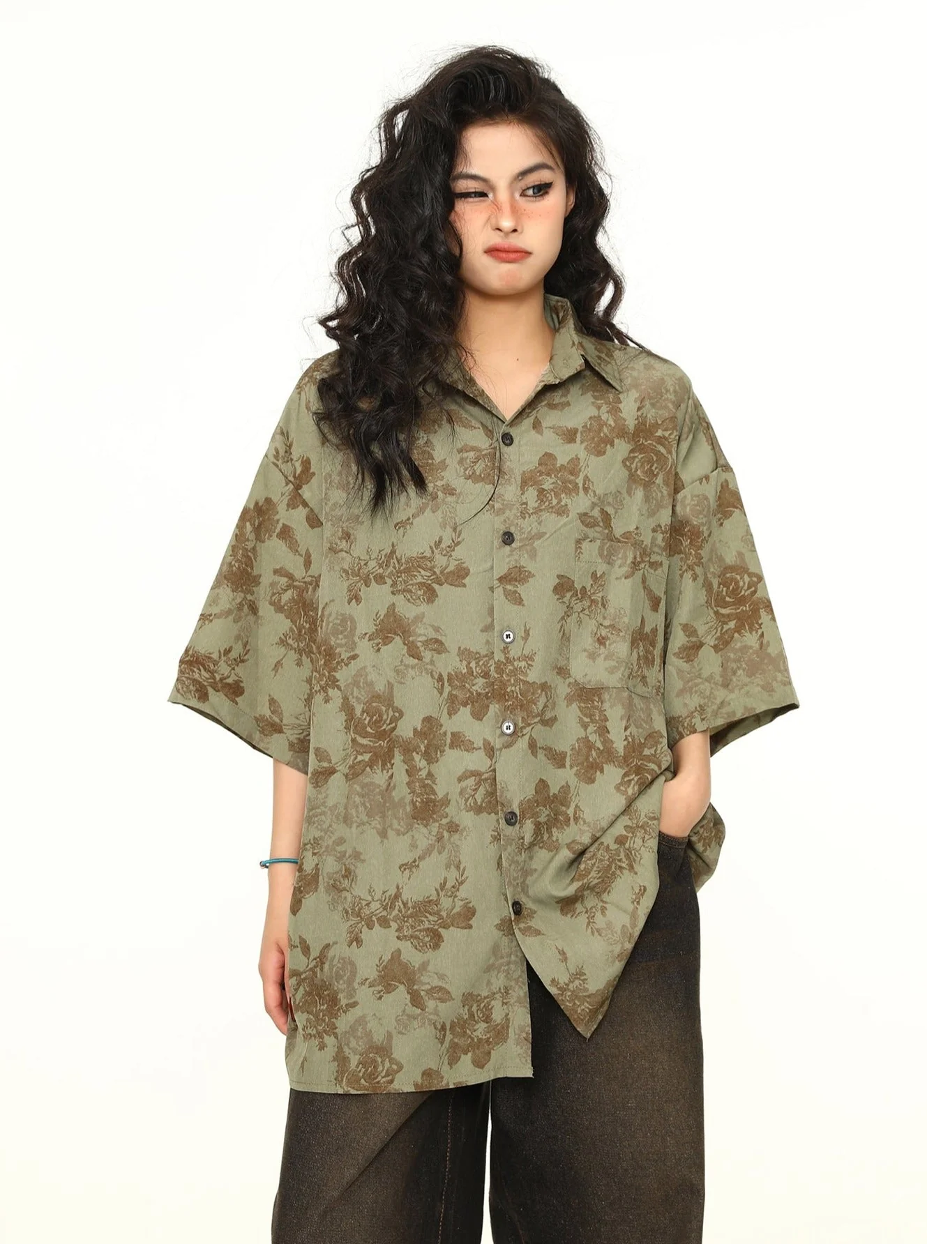 Oversized Floral Print Button-Down Shirt