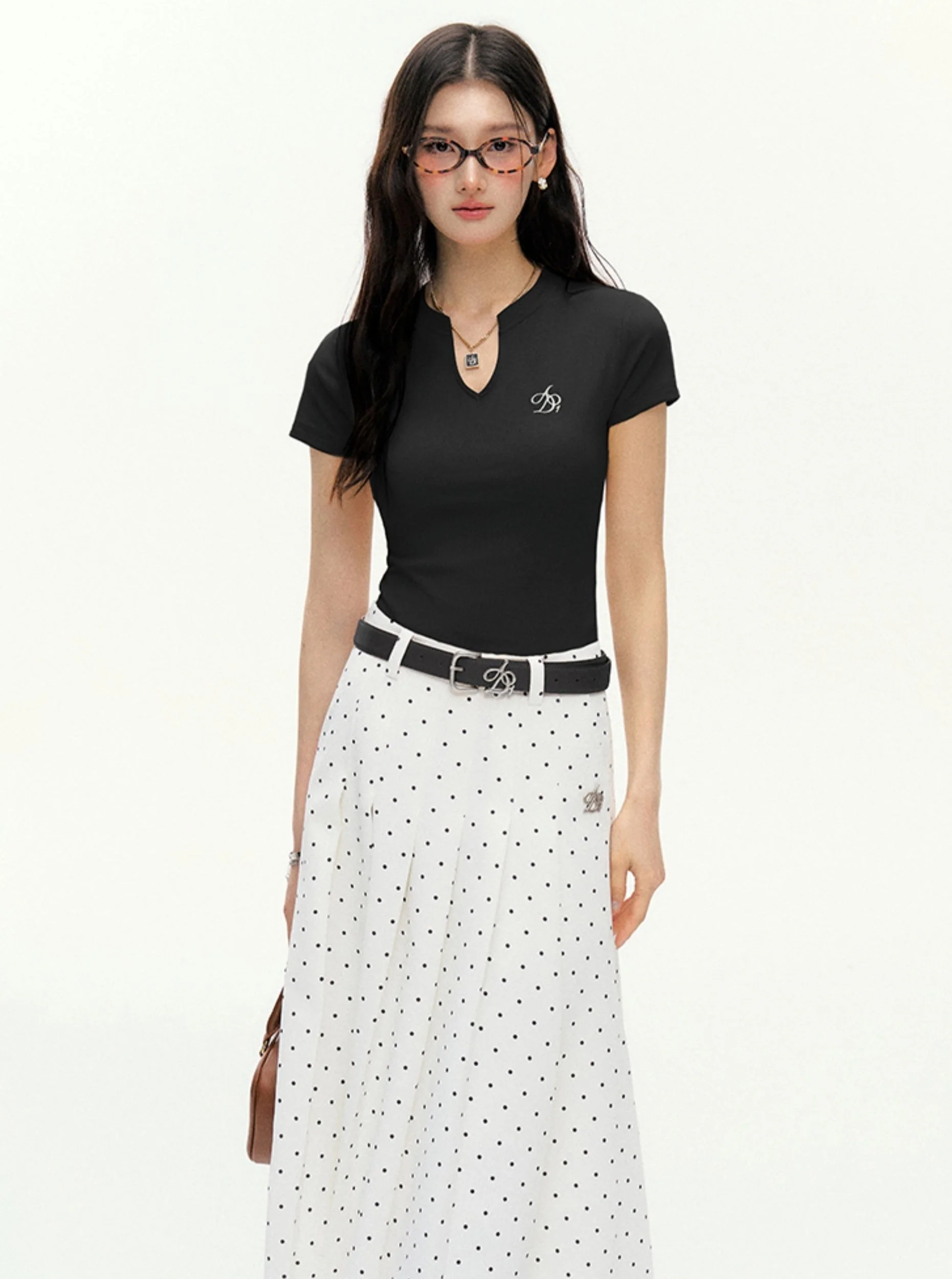 Keyhole Neckline Fitted Tee: Short Sleeve Logo Embroidered Top - Image 14