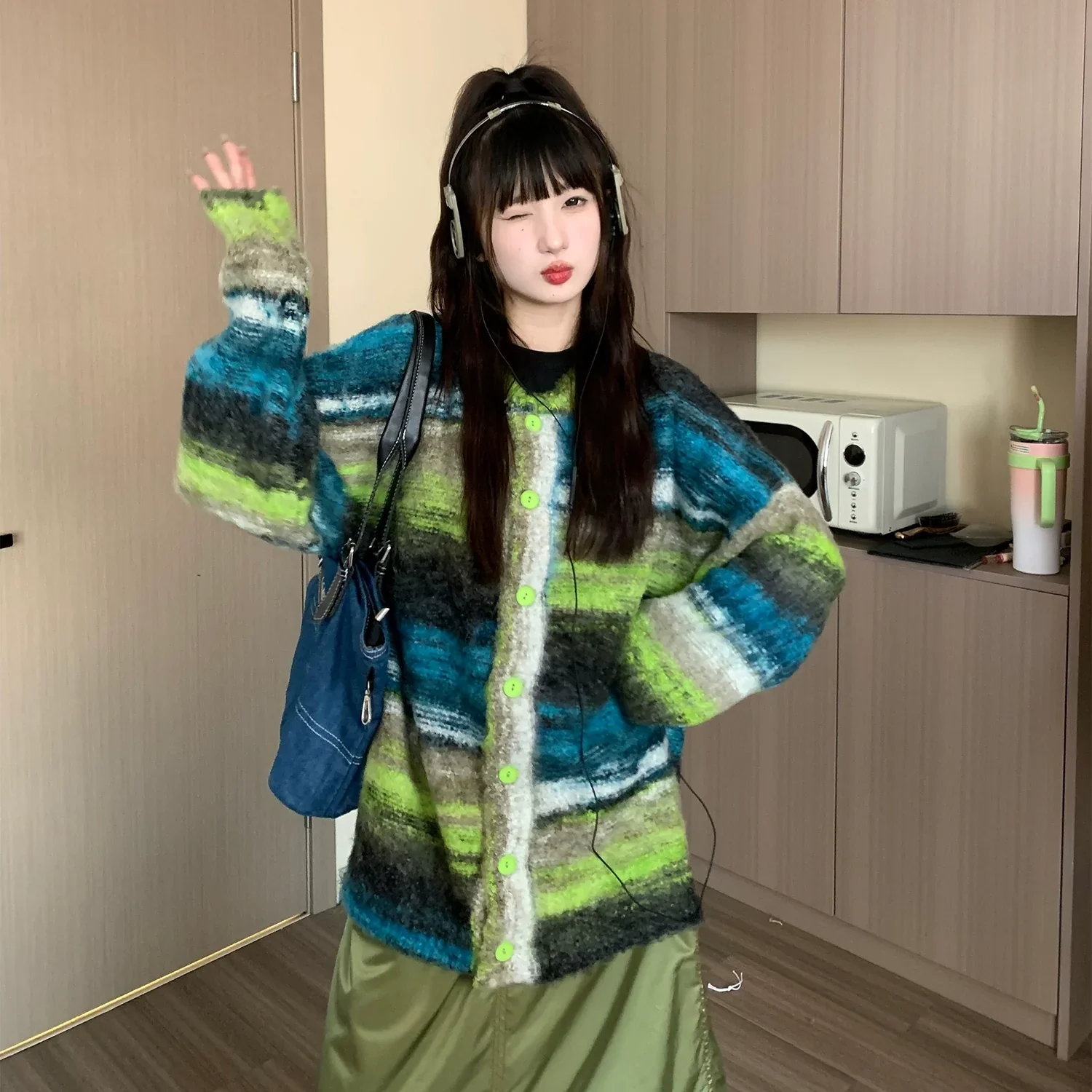 Oversized Fuzzy Striped Button-Up Cardigan - Image 11