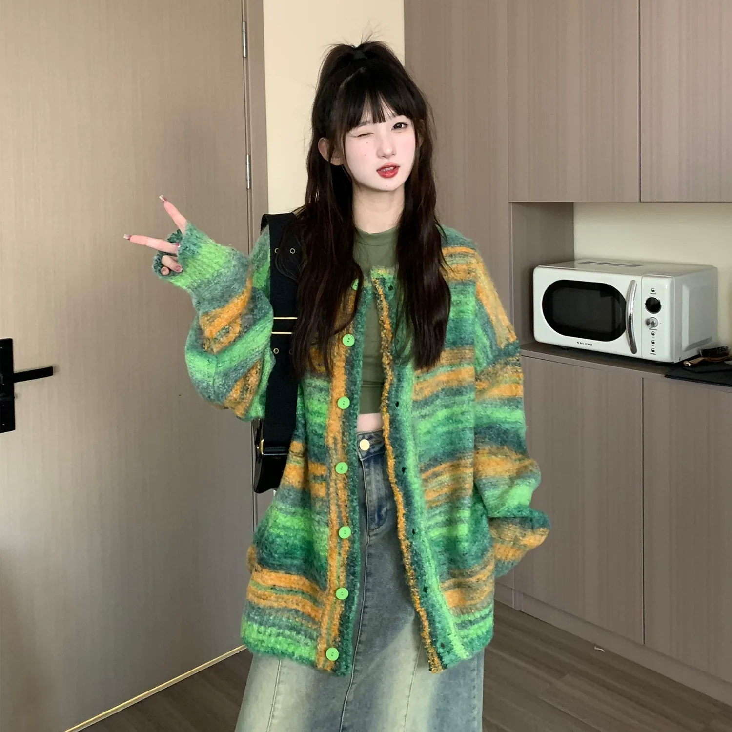 Oversized Fuzzy Striped Button-Up Cardigan - Image 12