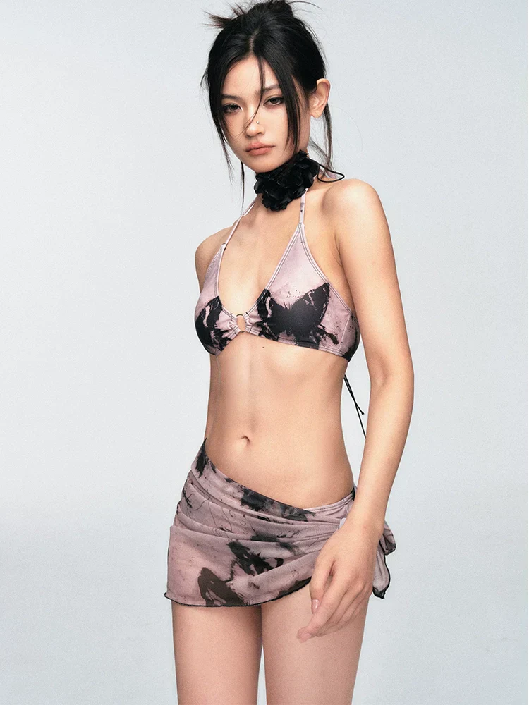 Mauve and Black Tie-Dye Bikini Set with Matching Sarong Skirt - Image 3
