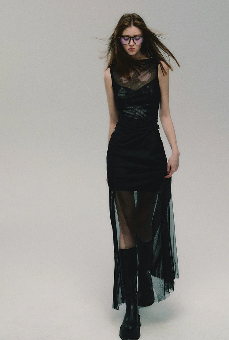 Elegant Mesh Panel Maxi Dress