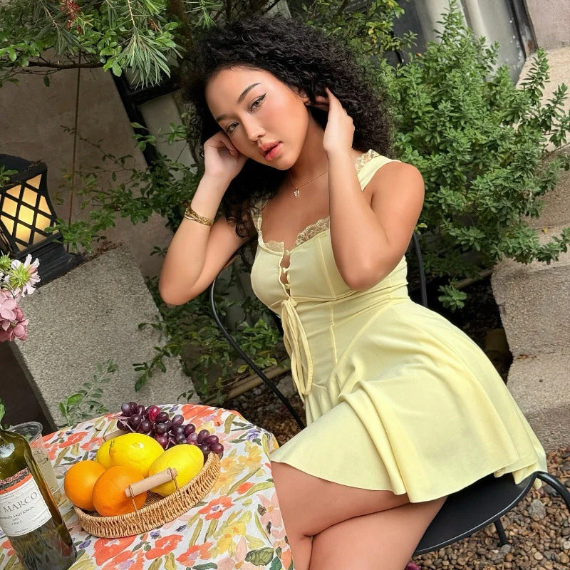 Lace Bud Tie Button Waist Mini Dress - Image 3