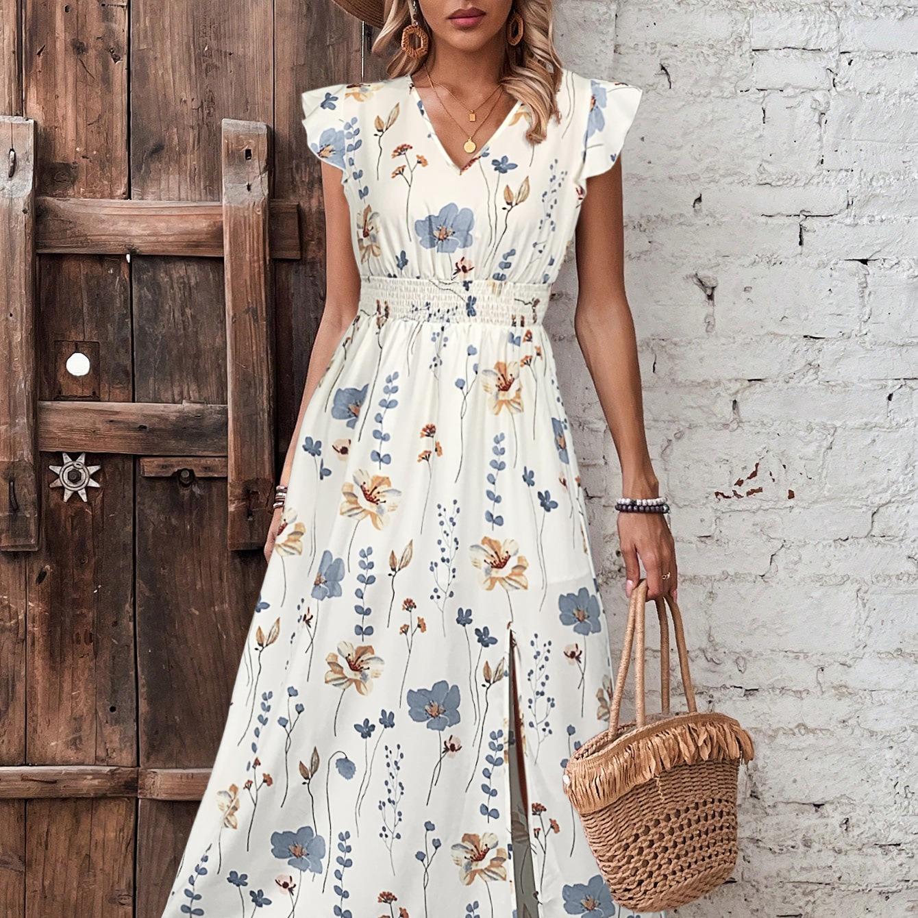 V-Neck High-Waisted Slit Printed Dress By The Ear - Image 4